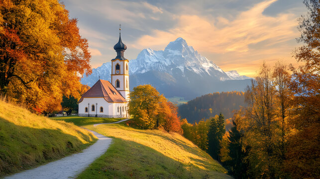 Iconic Picture of Bavaria with Maria Gern Church and Hochkalter Peak: A stunning image of the Maria Gern Church with the Hochkalter peak in the background, capturing the beauty 