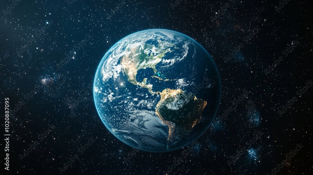 Wall mural a satellite orbiting earth with a view of the planet continents and oceans