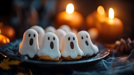 Halloween Party Snacks with Ghostly Designs and Eerie Lighting on Dark Background with Copy Space