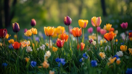 Obraz premium Colorful tulips bloom in a field with a blurred background.