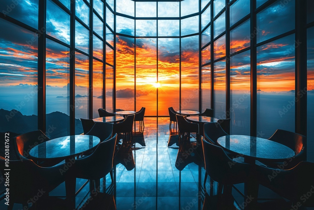 Poster Tables and Chairs by a Window with a View of a Sunset Over the Sea