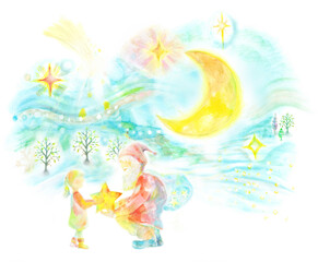 プレゼントを渡すサンタクロースと子供