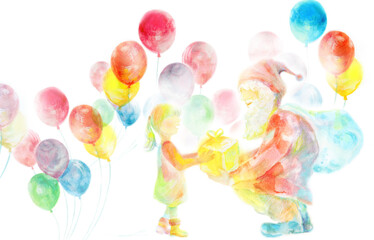 プレゼントを渡すサンタクロースと子供