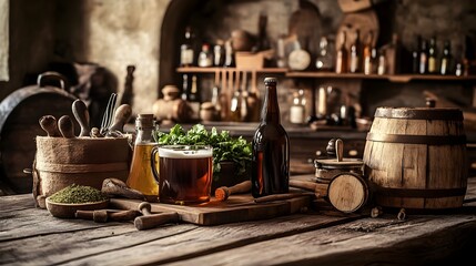 Fototapeta premium Historical Beer Recipes Prepared with Vintage Brewing Tools in Medieval Kitchen Setting