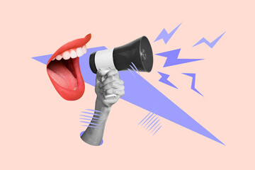 Composite collage image of mouth scream announce news megaphone shopping demonstration fantasy...
