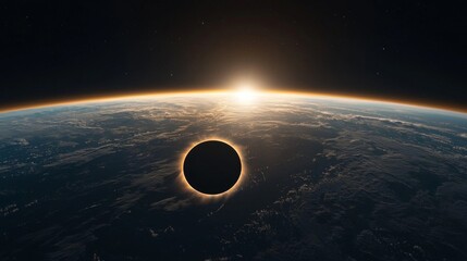 A solar eclipse seen from space, with the moon shadow covering part of Earth