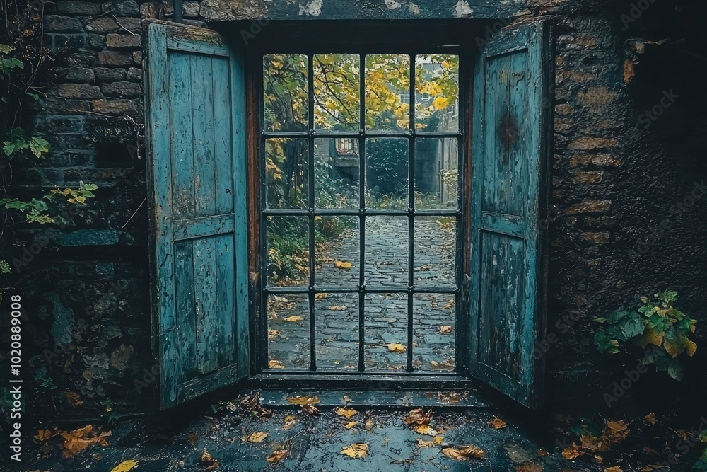 Poster A glimpse of a cobblestone pathway through an open window
