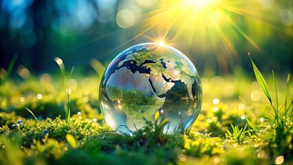 A Crystal Globe Reflects the Earth's Landscape Amidst a Lush Meadow of Green Grass, Bathed in the Warm Glow of the Rising Sun