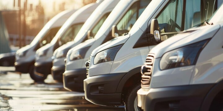 Passenger van rental agency with vans lined up for customers