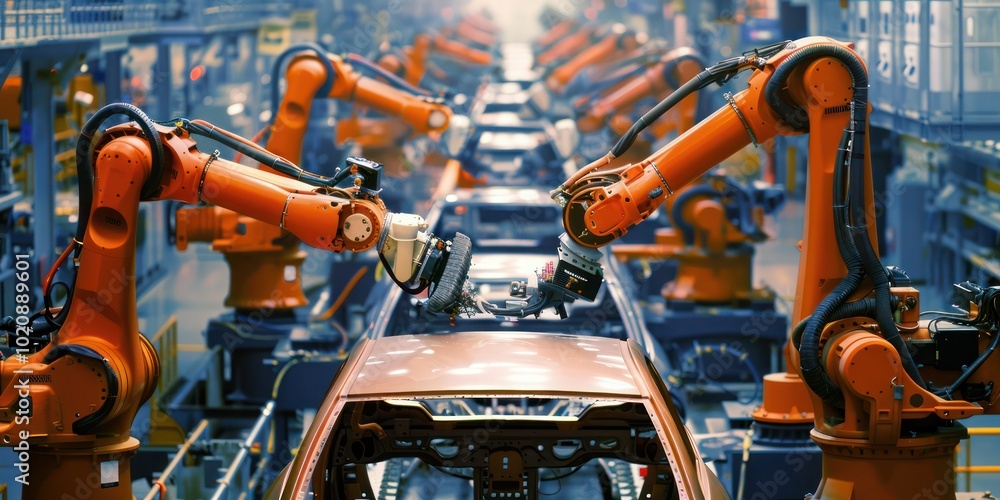 Poster robotic arms assembling car parts on an assembly line in a modern automobile factory