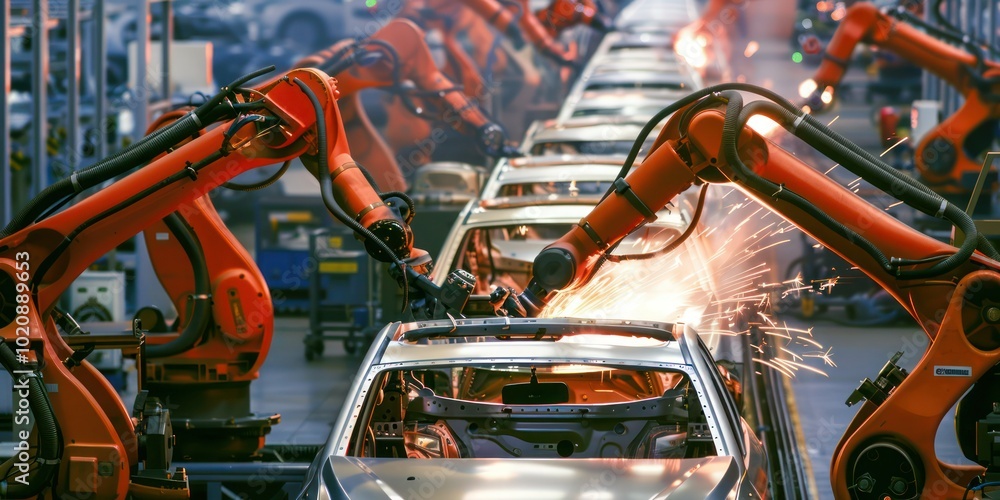 Poster robotic arms assembling car parts on an assembly line in a modern automobile factory