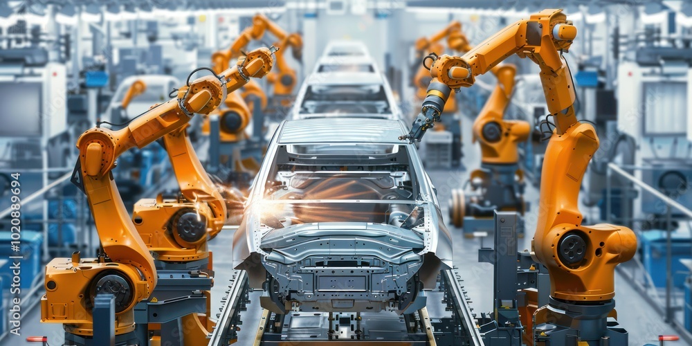 Poster robotic arms assembling car parts on an assembly line in a modern automobile factory