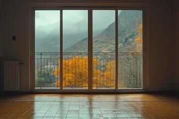 Obraz premium A View of Mountain and Fall Foliage Through a Window