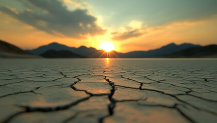 Close-Up of a Cracked Desert Lake with the Sun in the Background, Shallow Depth of Field, and a Blurry Effect