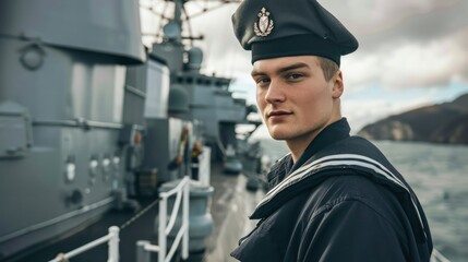 Obraz premium Sailor in a navy uniform, standing on the deck of a warship