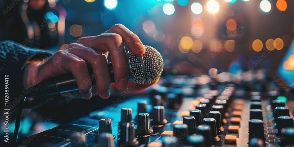 Poster sound engineer adjusting microphone settings for a live performance recording