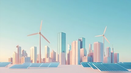 Fototapeta premium Renewable Energy Powering Modern Cityscape with Wind Turbines and Solar Panels in Clear Blue Sky