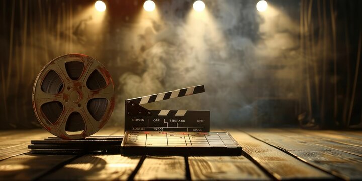 Vintage film reel and clapperboard on a wooden table in a darkened movie production studio
