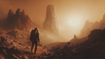 A space explorer discovering ancient alien ruins on a distant planet