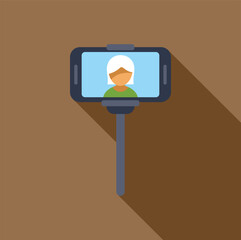 Woman taking a selfie with a smartphone on a monopod, in flat design style