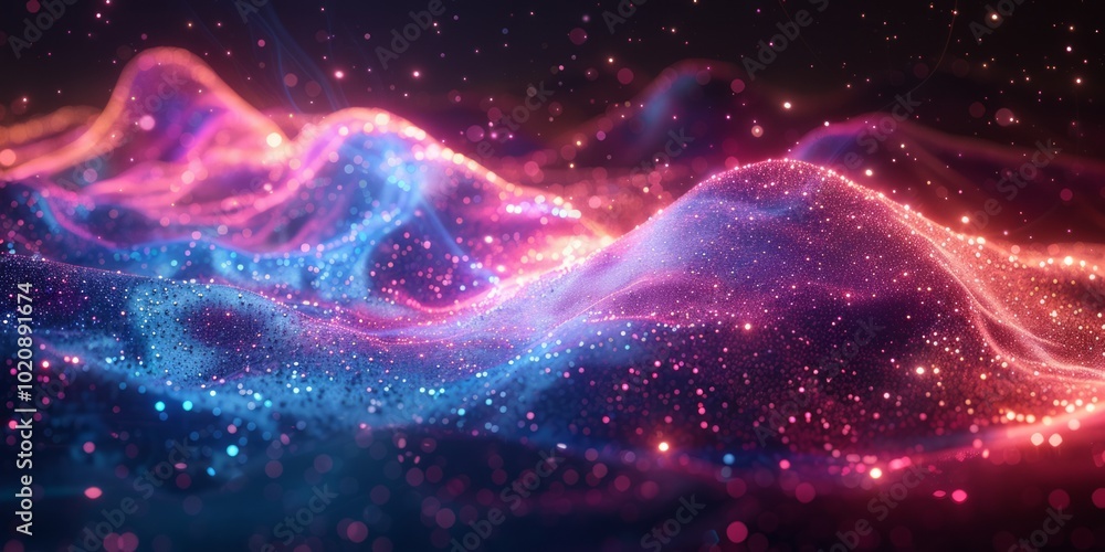 Poster abstract digital landscape with glowing particles and vibrant wave patterns