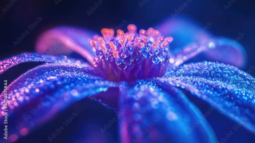 Poster a macro shot of a flower illuminated by neon blue light, emphasizing its textures and colors in an a
