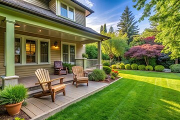 Front yard with green lawn and chairs on the veranda Medium Shot