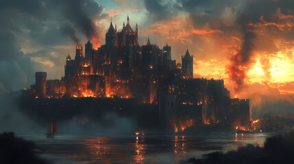 Fototapeta premium Medieval fantasy castle designed by Dark Knight. Artwork in oil and digital format.