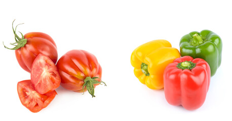 Set of sweet peppers and ripe red tomatoes isolated on a white. Collage. Free space for text. Wide photo.