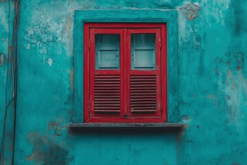 Obraz premium Red Window with Shutters on a Blue Weathered Wall
