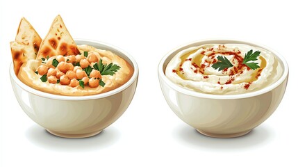 Delicious bowls of hummus with bread and garnish, perfect for healthy snacking.