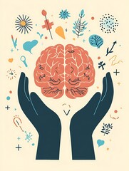 Hands Cradling a Brain with Mental Health Awareness Symbols in Soothing Colors, Representing Care and Support