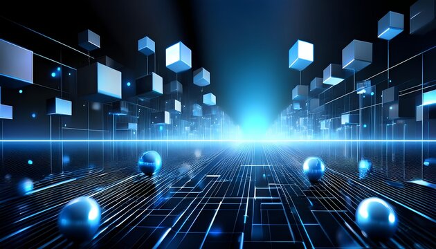 An abstract digital themed business background showcasing glowing gride ,3D cubes,and floa 