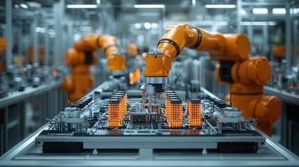 An electronic components factory, with robotic arms assembling devices