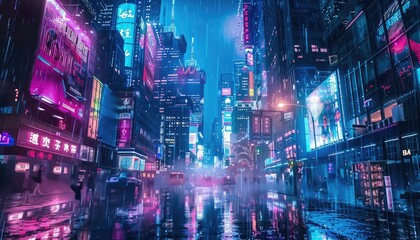 Neon-lit cityscape with rain reflecting city lights on wet pavement