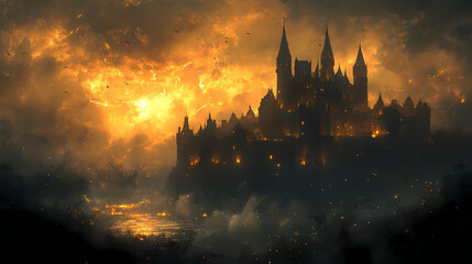 Naklejka premium Medieval fantasy castle designed by Dark Knight. Artwork in oil and digital format.