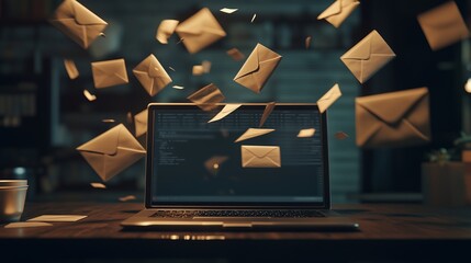 A laptop from which numerous letter envelopes float into the air, symbolizing email and digital communication. Concept of mass mailing, high volume email.