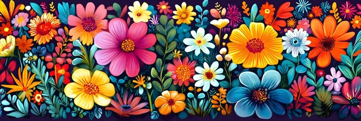 Vibrant Fantasy Floral Pattern with Neon Colored Petals and Abstract Shapes on Deep Purple Background