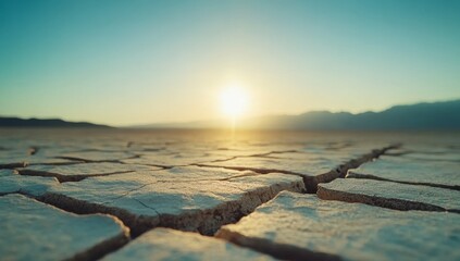 Fototapeta premium Close-Up of a Cracked Desert Lake with the Sun in the Background, Shallow Depth of Field, and a Blurry Effect