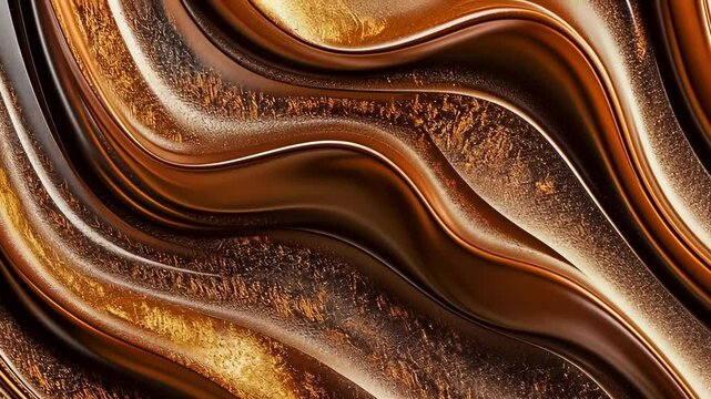 Abstract close-up of flowing brown and gold liquid, creating smooth, wave-like patterns. The image captures movement, shining with rich metallic hues and connotes luxury and fluidity in a timeless