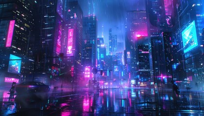 Obraz premium Neon-Lit Cityscape with Rain Reflecting on Wet Streets