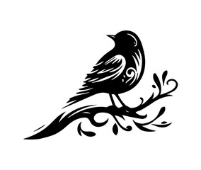 Bird on a branch vector silhouette illustration. black and white tattoo	