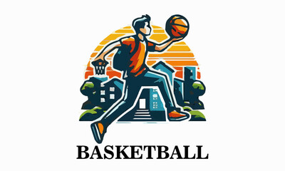 Fototapeta premium This vector illustration shows a teenage boy playing basketball. This design is very suitable for use as a poster design, t-shirt or sports promotional material