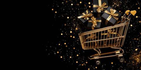 Black Friday sale with a golden shopping cart filled with black gift boxes set against a festive background of sparkling decorations