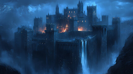 Medieval fantasy castle designed by Dark Knight. Artwork in oil and digital format.