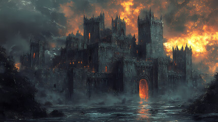 Fototapeta premium Medieval fantasy castle designed by Dark Knight. Artwork in oil and digital format.