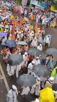 Pune, Maharashtra. July 2,2024 : Thousands of devotees walking from Alandi and dehu to pandharpur for visit vitthal rakumai temple. Wari is Maharashtras biggest annual pilgrimage.