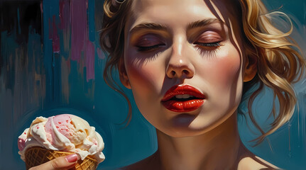 Woman Enjoying Ice Cream In A Casual Setting In Summer Stylized