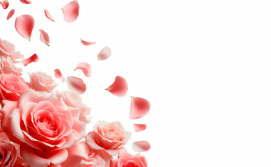 Fototapeta premium Pink rose on a gentle background, rose petals scattered in the air isolated on a white background