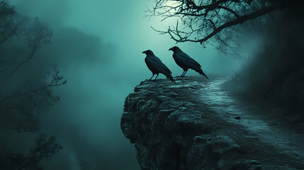 Fototapeta premium In the dead mysterious forest, there are three crows on a dead cliff road at night. This is a scary Halloween concept.